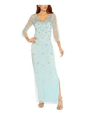 ADRIANNA PAPELL Womens Aqua Embellished Slitted Lined Zippered 3/4 Sleeve Illusion Neckline Tea-Length Evening Sheath Dress