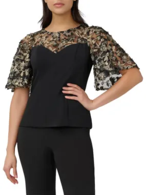 ADRIANNA PAPELL Womens Black Zippered 3d Embroidered Illusion Mesh Flutter Sleeve Boat Neck Cocktail Top