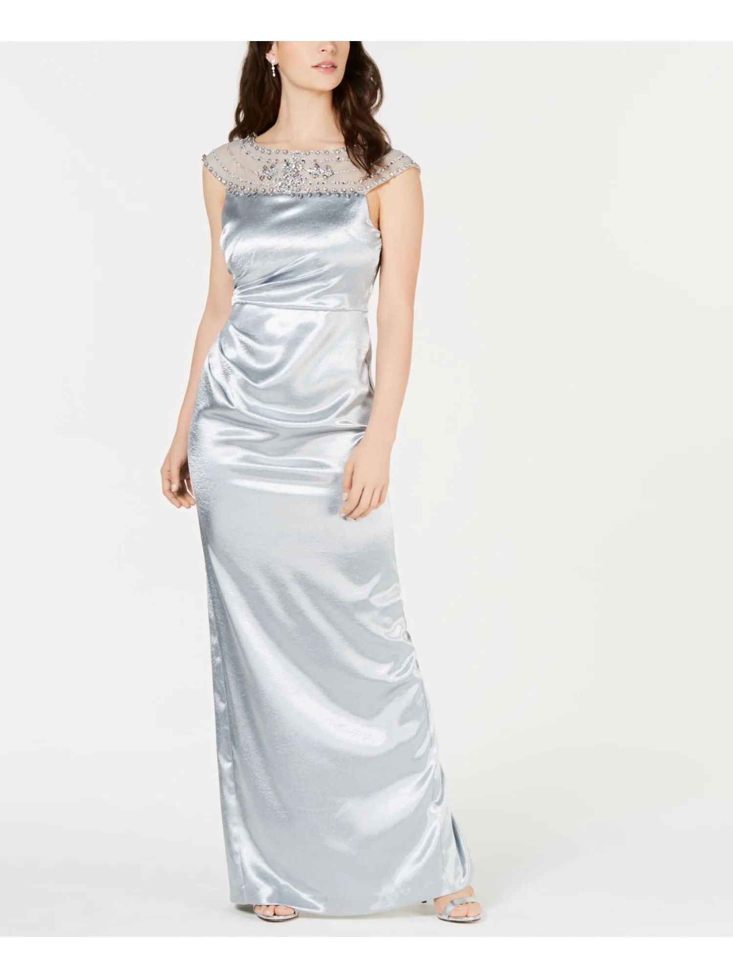 ADRIANNA PAPELL Womens Embellished Sleeveless Illusion Neckline Full-Length Formal Sheath Dress