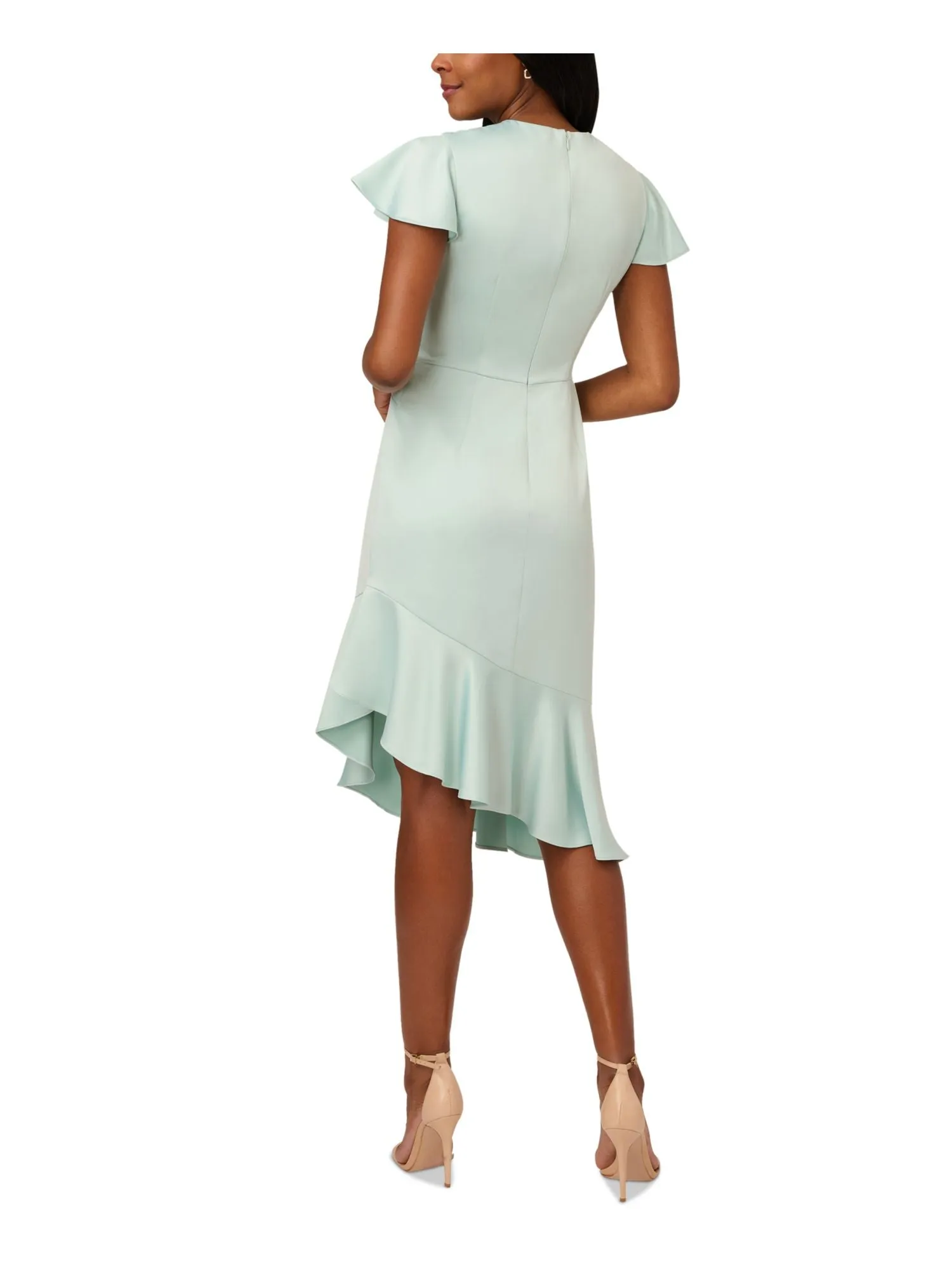 ADRIANNA PAPELL Womens Green Pleated Zippered Asymmetrical Flounce Hem Lined Flutter Sleeve Surplice Neckline Midi Party Fit   Flare Dress