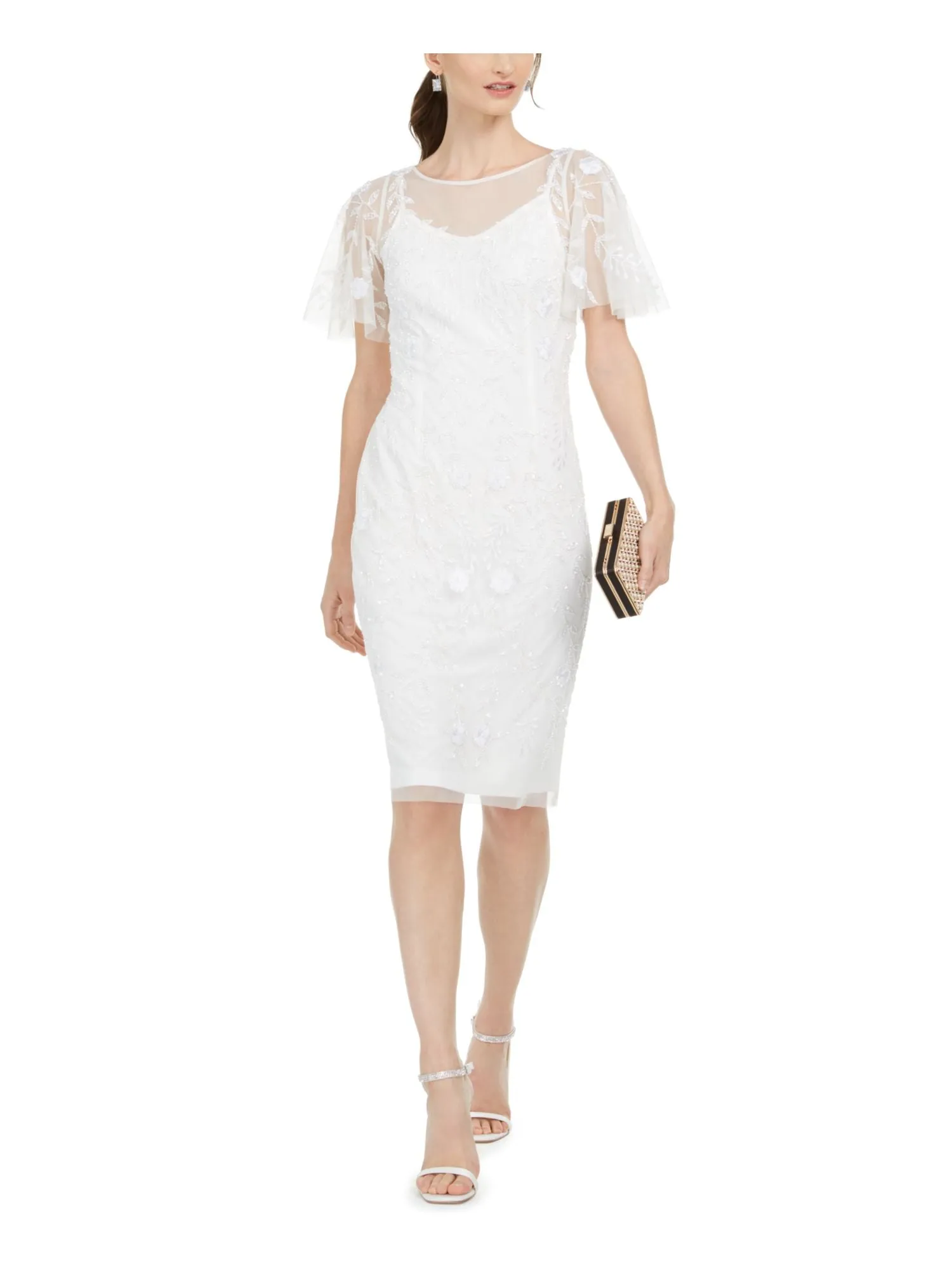 ADRIANNA PAPELL Womens Ivory Embellished Flutter Sleeve Illusion Neckline Knee Length Formal Sheath Dress