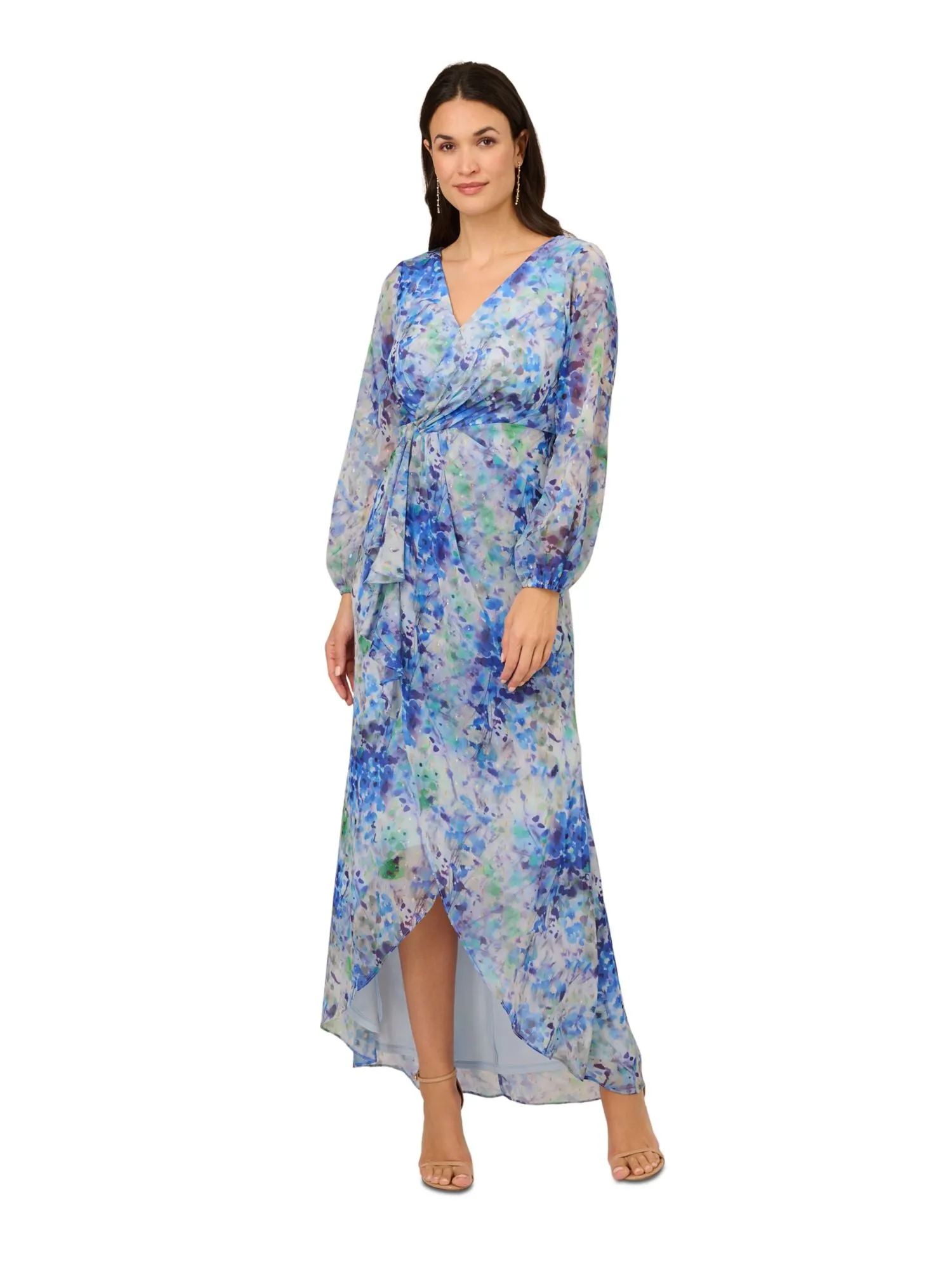 ADRIANNA PAPELL Womens Ruffled Floral Balloon Sleeve Surplice Neckline Maxi Party Faux Wrap Dress