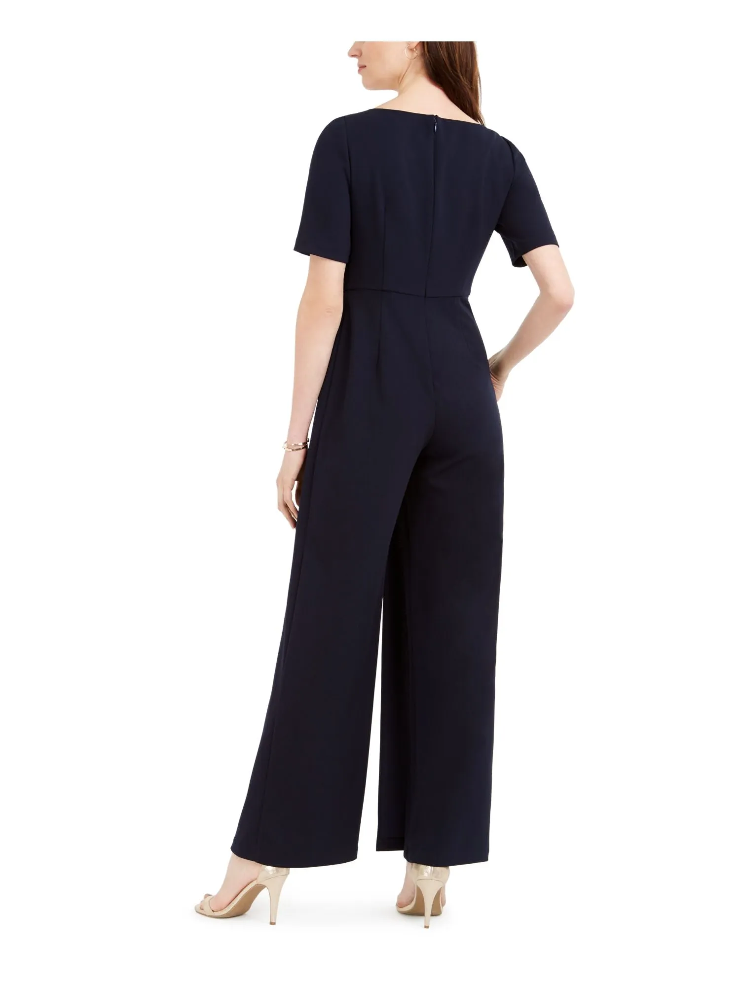 ADRIANNA PAPELL Womens Short Sleeve Asymmetrical Neckline Evening Wide Leg Jumpsuit