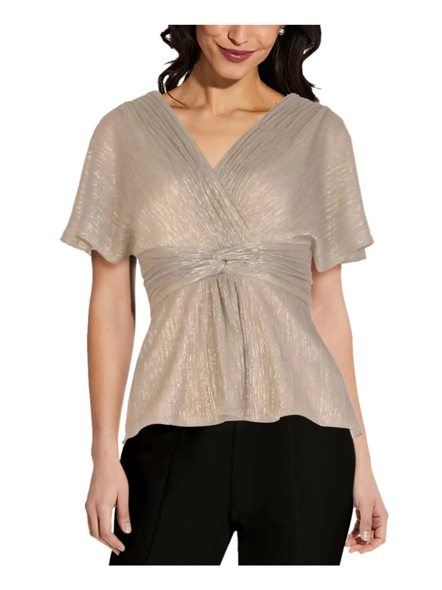 ADRIANNA PAPELL Womens Stretch Metallic Kimono Sleeve Surplice Neckline Evening Peplum Top