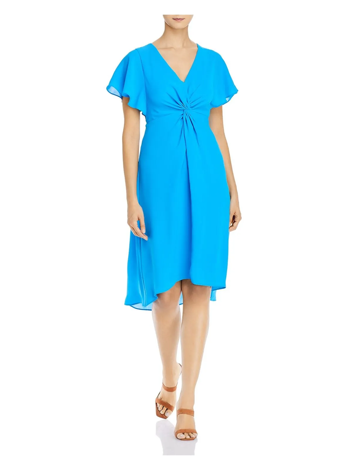 ADRIANNA PAPELL Womens Twist Front Flutter Sleeve V Neck Below The Knee Cocktail Fit   Flare Dress