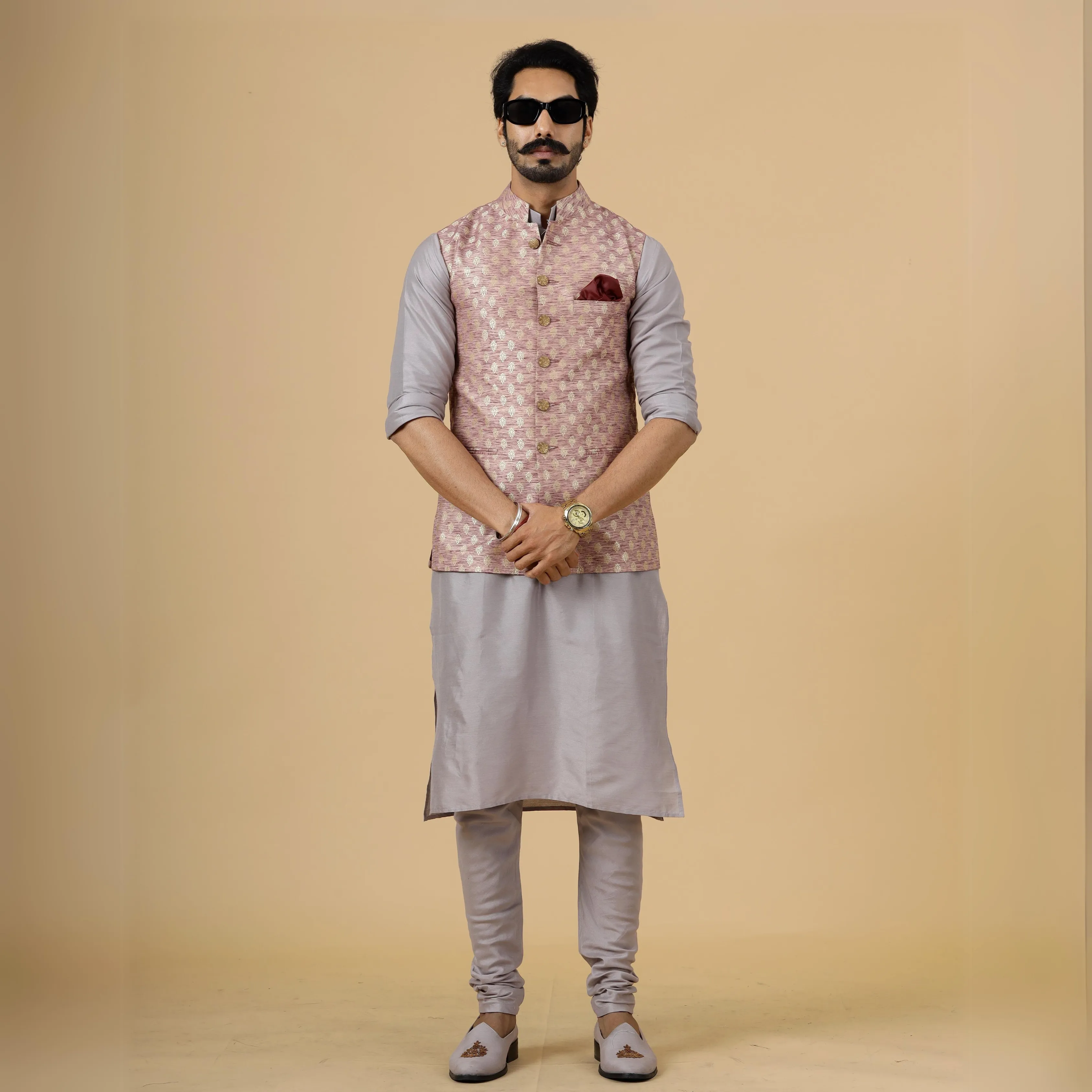 Alluring Rose Gold Banarsi Silk Half Jodhpuri Jacket with Lilac Kurta-Pajama for Men