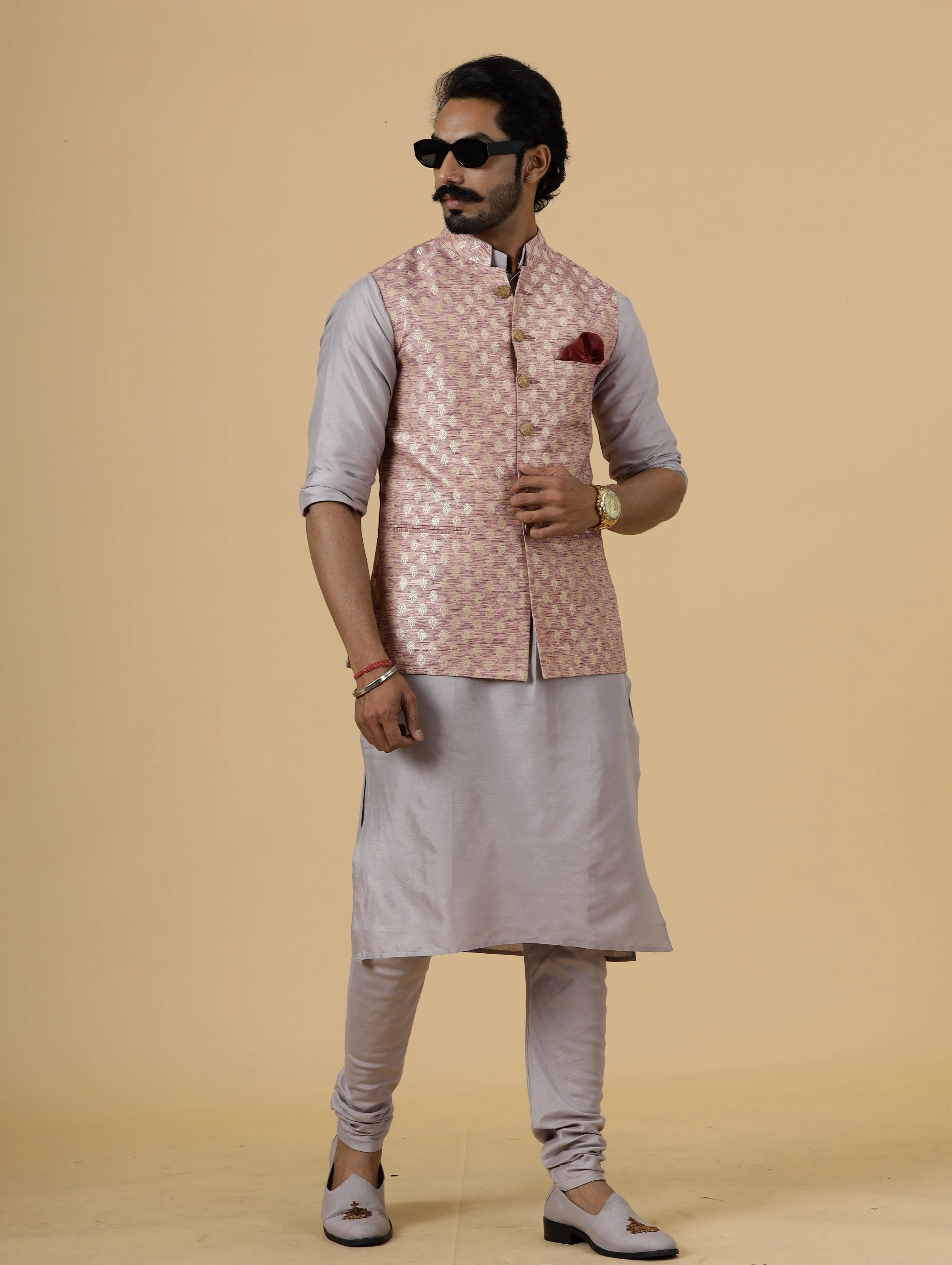 Alluring Rose Gold Banarsi Silk Half Jodhpuri Jacket with Lilac Kurta-Pajama for Men