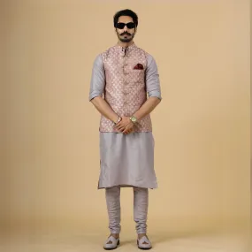 Alluring Rose Gold Banarsi Silk Half Jodhpuri Jacket with Lilac Kurta-Pajama for Men