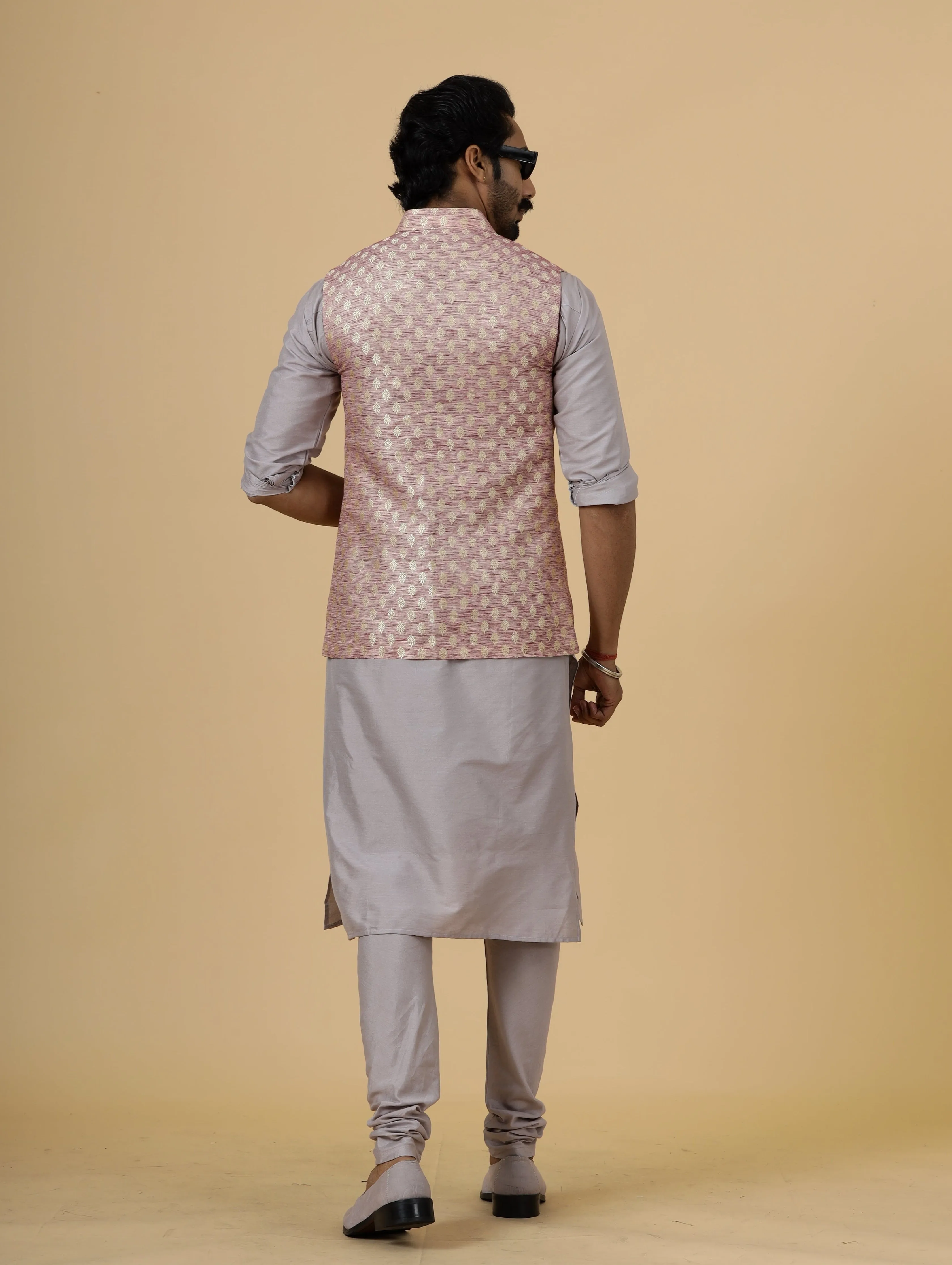 Alluring Rose Gold Banarsi Silk Half Jodhpuri Jacket with Lilac Kurta-Pajama for Men