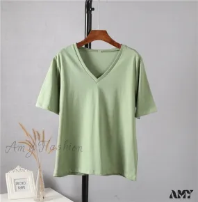 Amy Fashion - Soft Short Sleeve V Neck Tees