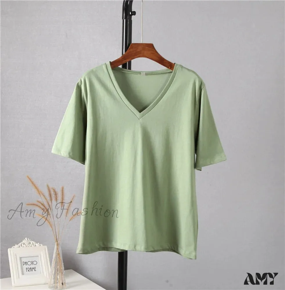 Amy Fashion - Soft Short Sleeve V Neck Tees