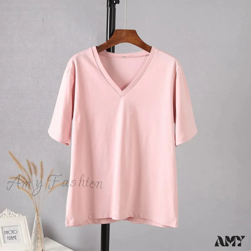 Amy Fashion - Soft Short Sleeve V Neck Tees