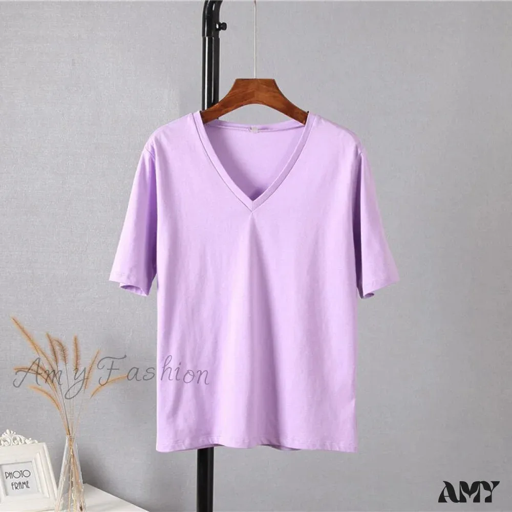 Amy Fashion - Soft Short Sleeve V Neck Tees