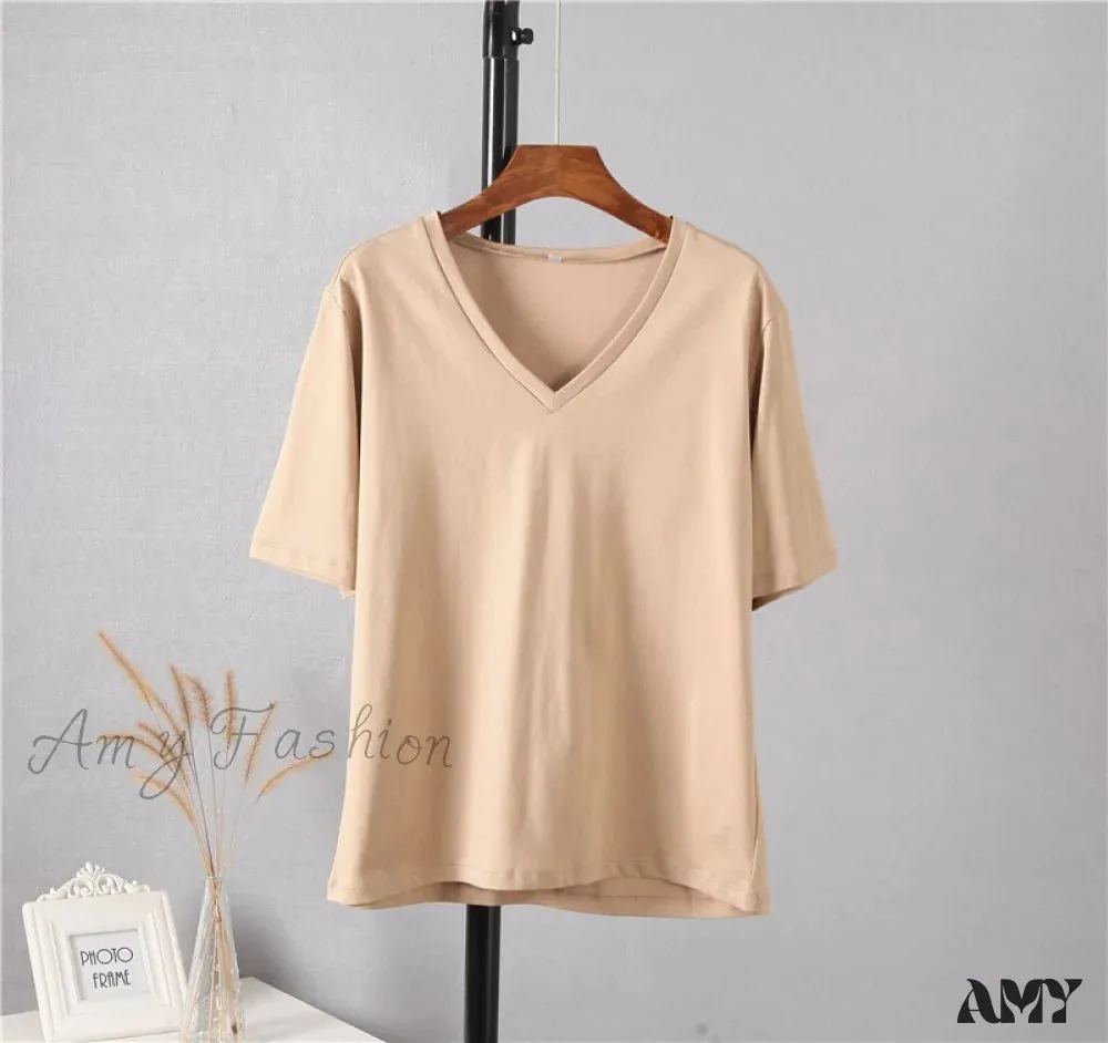 Amy Fashion - Soft Short Sleeve V Neck Tees