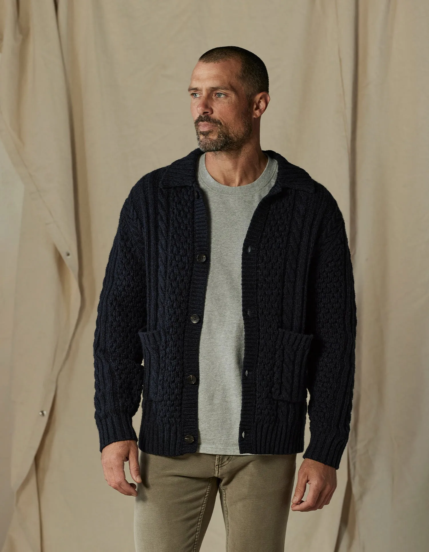 Aran Cable Cardigan in Navy