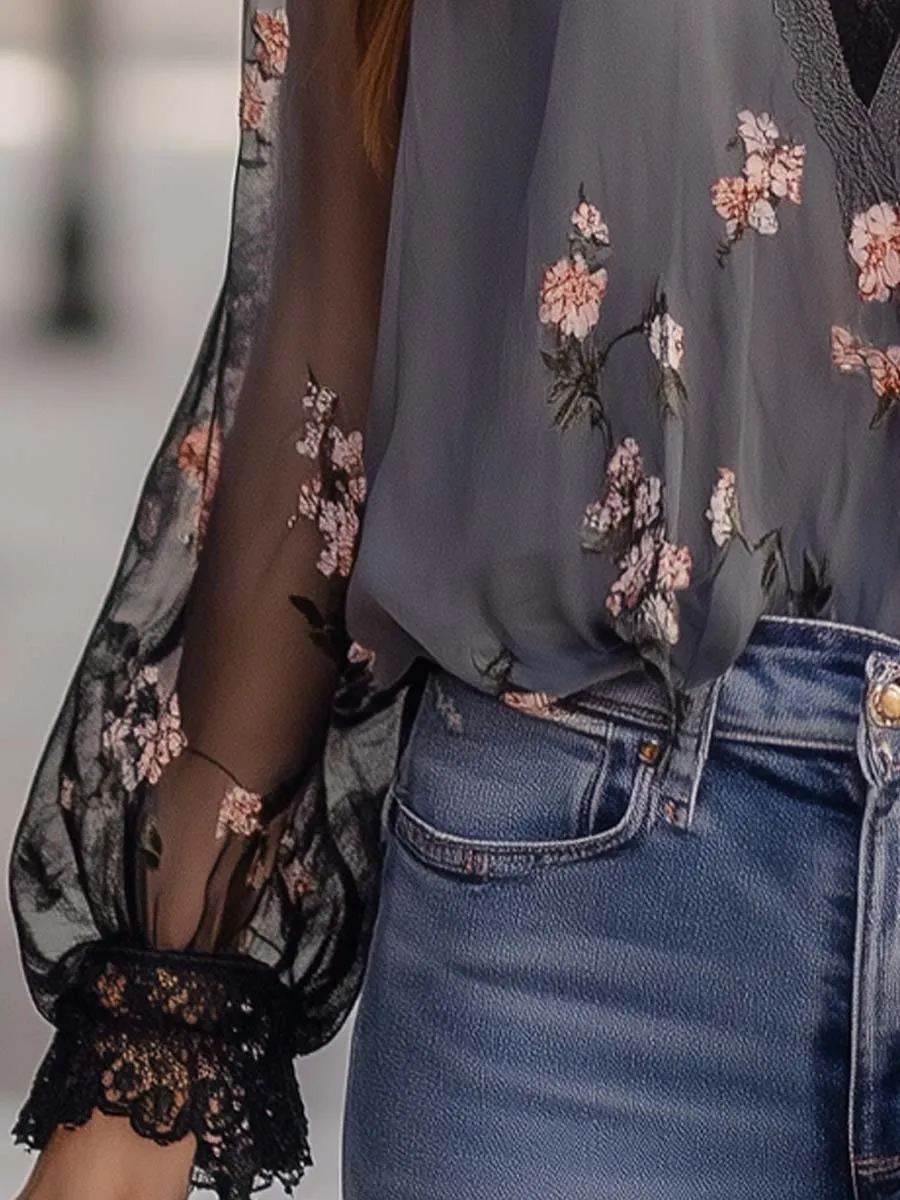 Boho Sheer Floral V-Neck Blouse