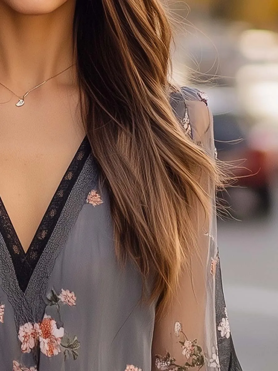 Boho Sheer Floral V-Neck Blouse