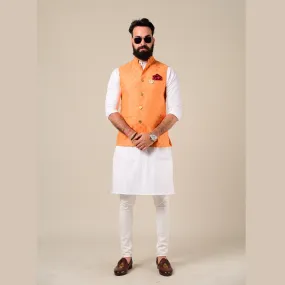 Brocade Nehru Jacket Orange And White Kurta Pajama Set