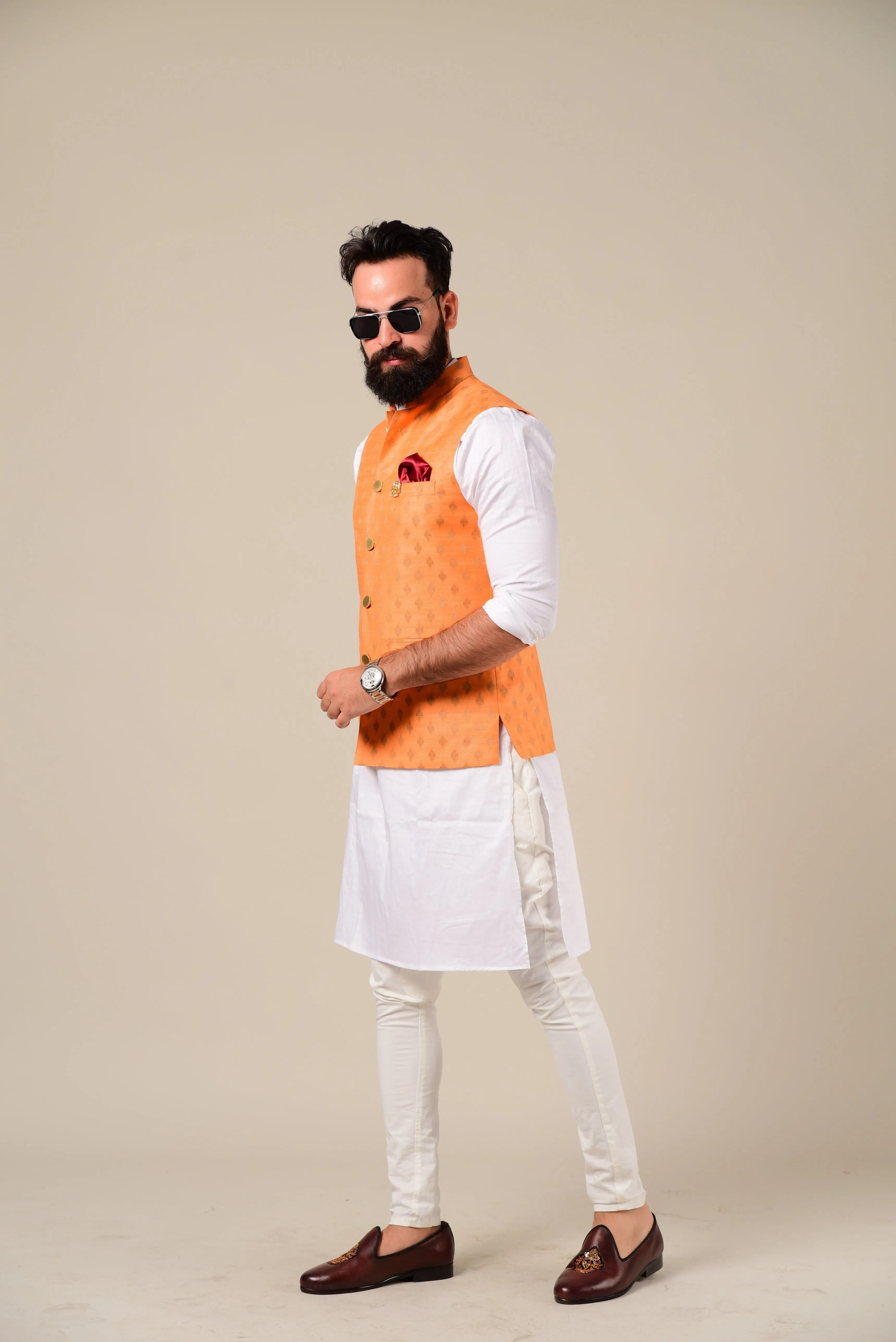 Brocade Nehru Jacket Orange And White Kurta Pajama Set