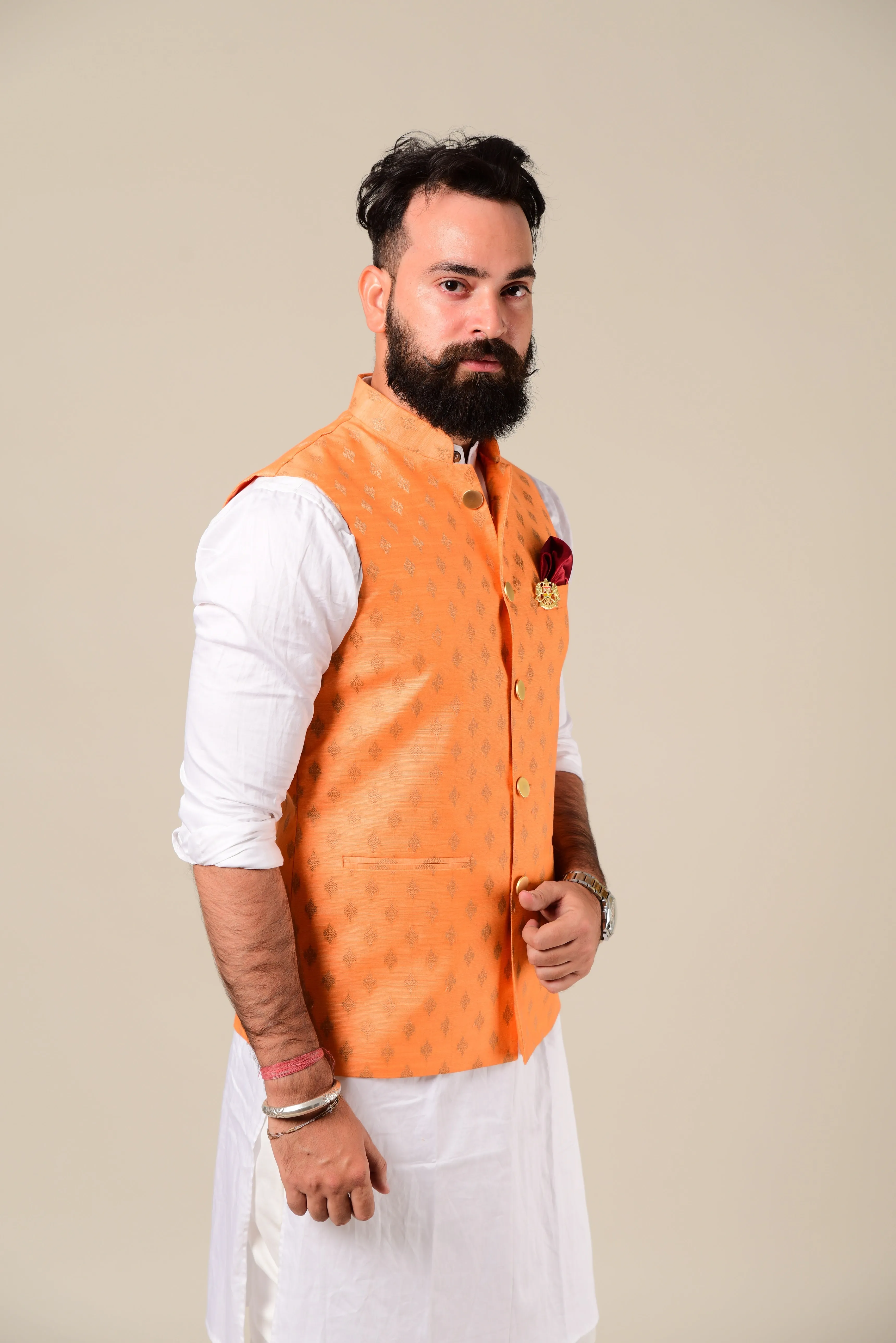 Brocade Nehru Jacket Orange And White Kurta Pajama Set