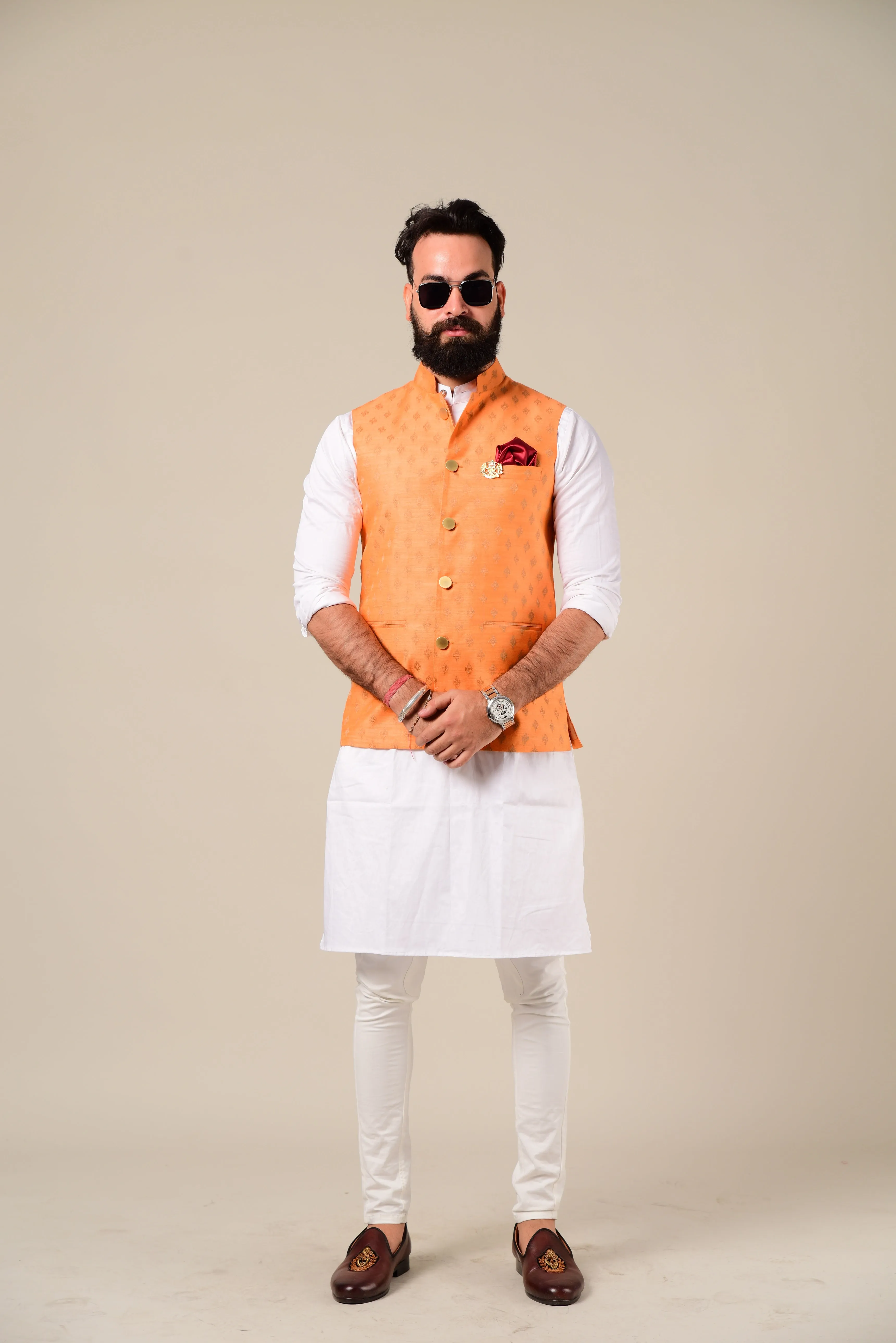 Brocade Nehru Jacket Orange And White Kurta Pajama Set