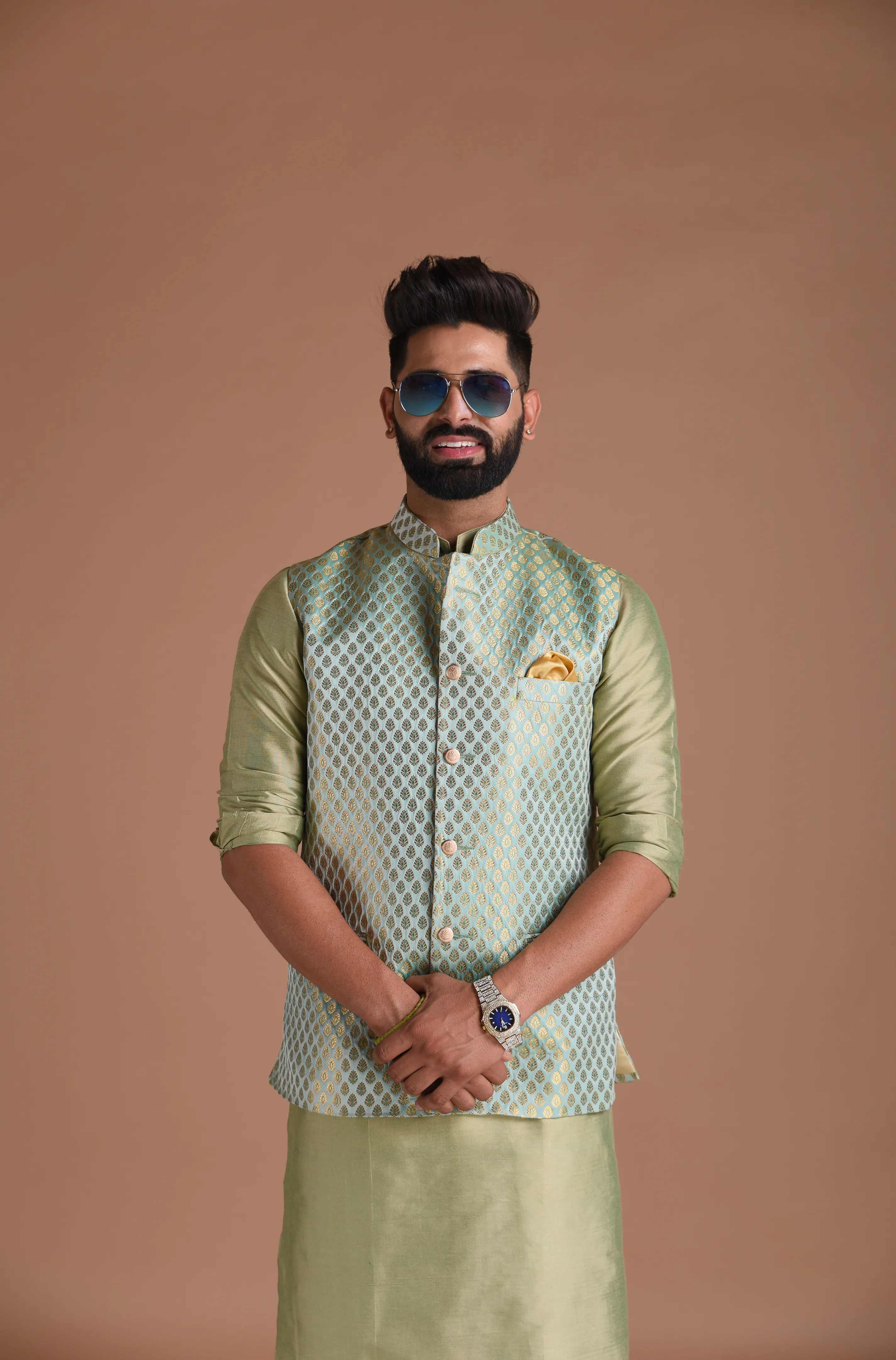 Brocade Silk Kurta Pajama Nehru Jacket Set in Sea Green