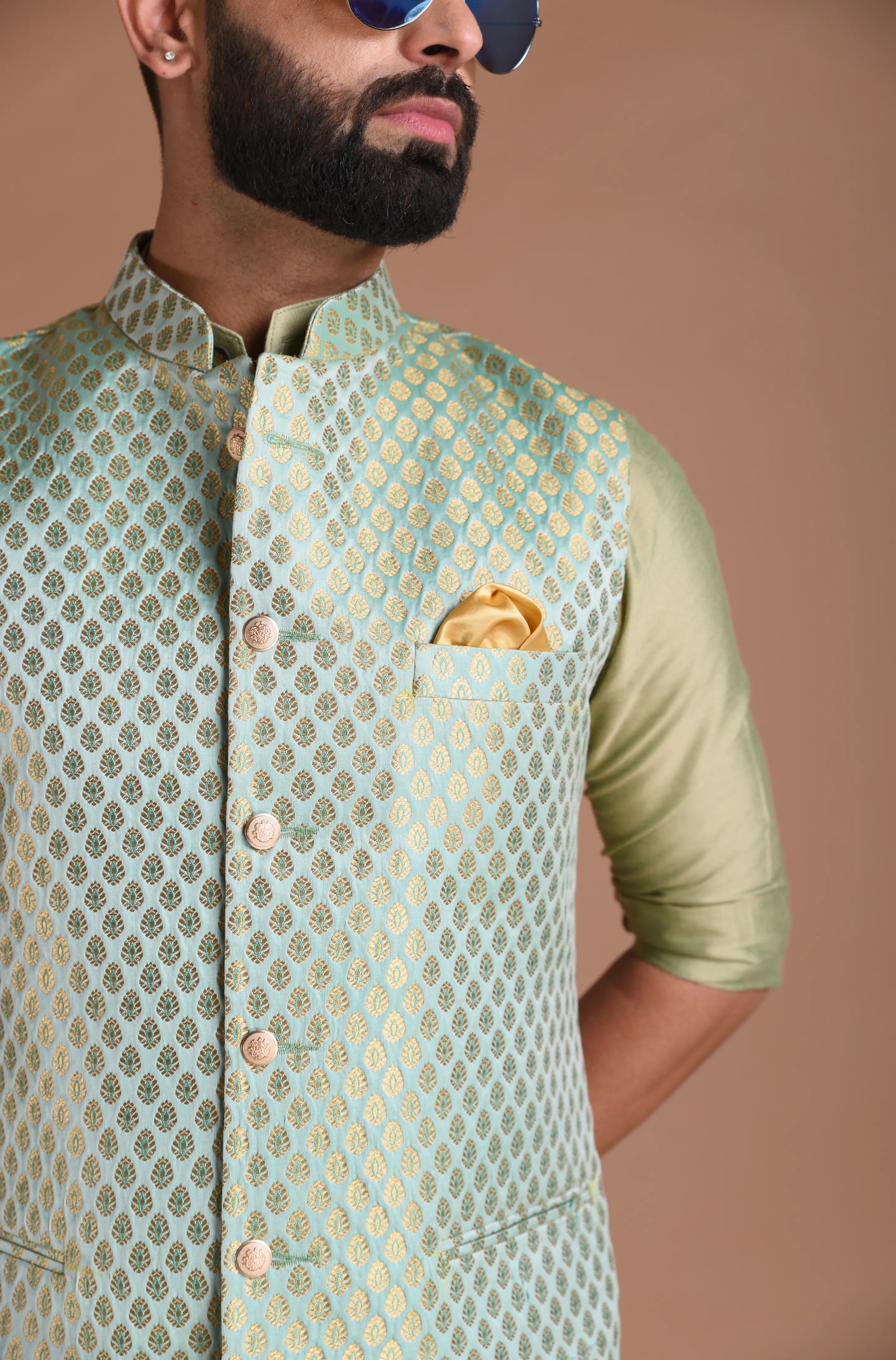 Brocade Silk Kurta Pajama Nehru Jacket Set in Sea Green