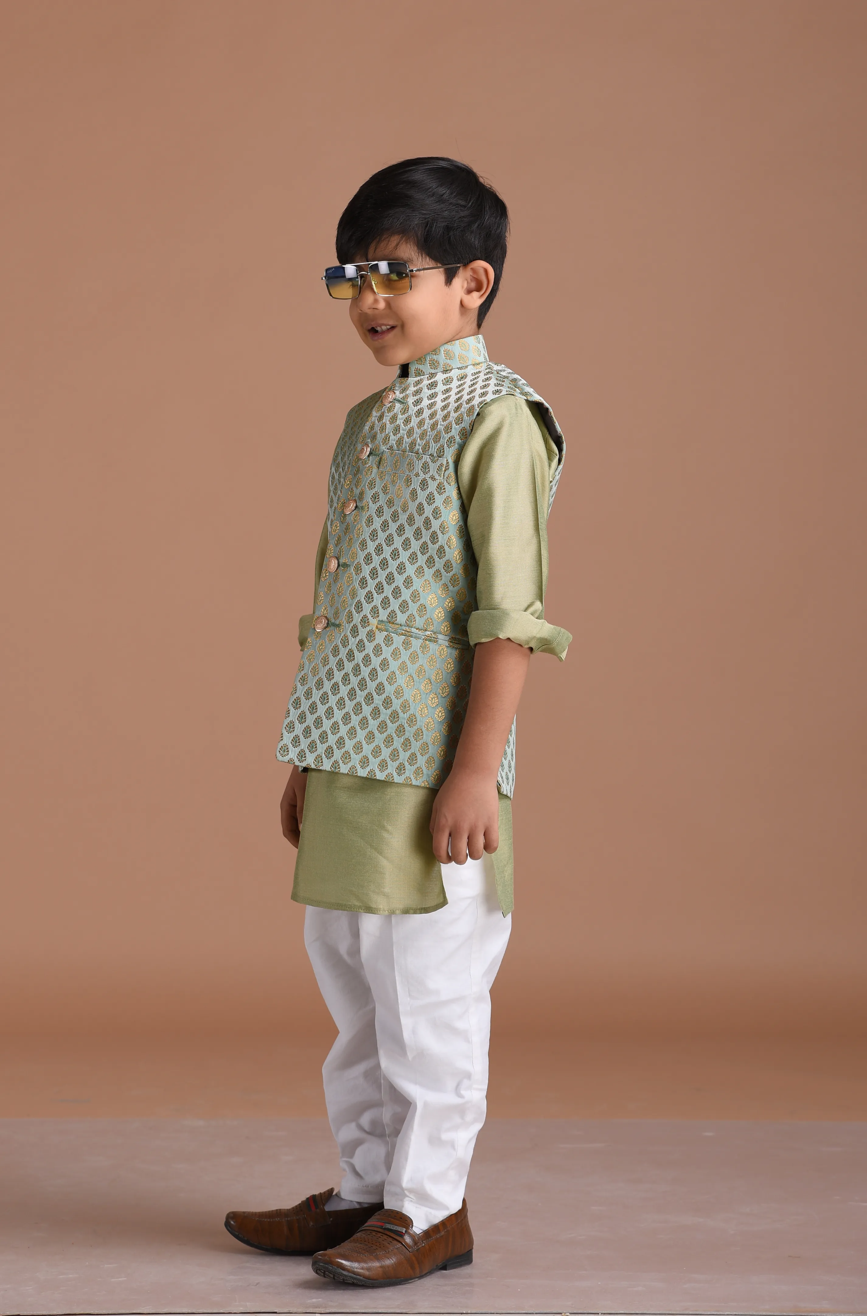 Brocade Silk Kurta Pajama Nehru Jacket Set in Sea Green