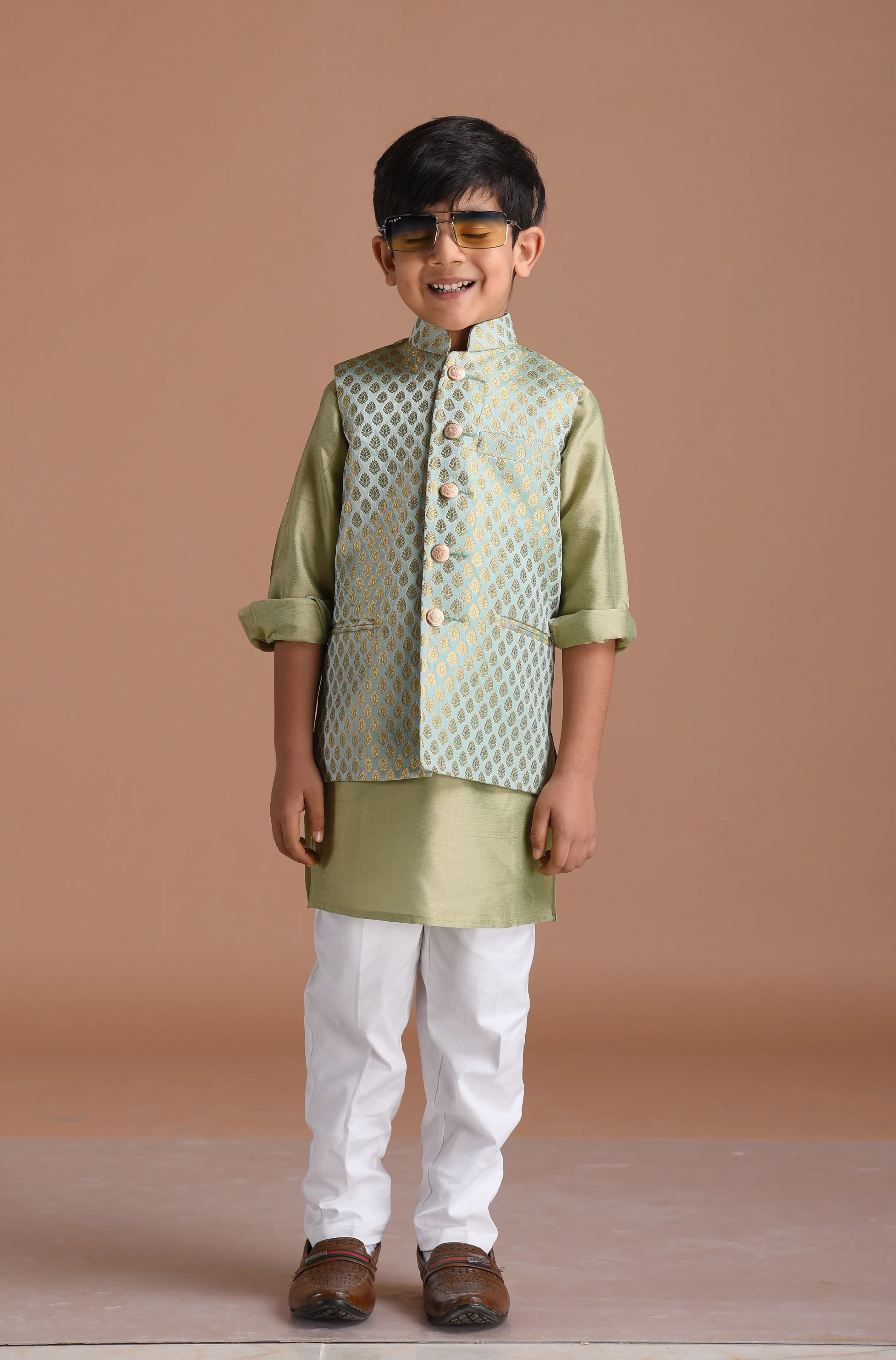 Brocade Silk Kurta Pajama Nehru Jacket Set in Sea Green