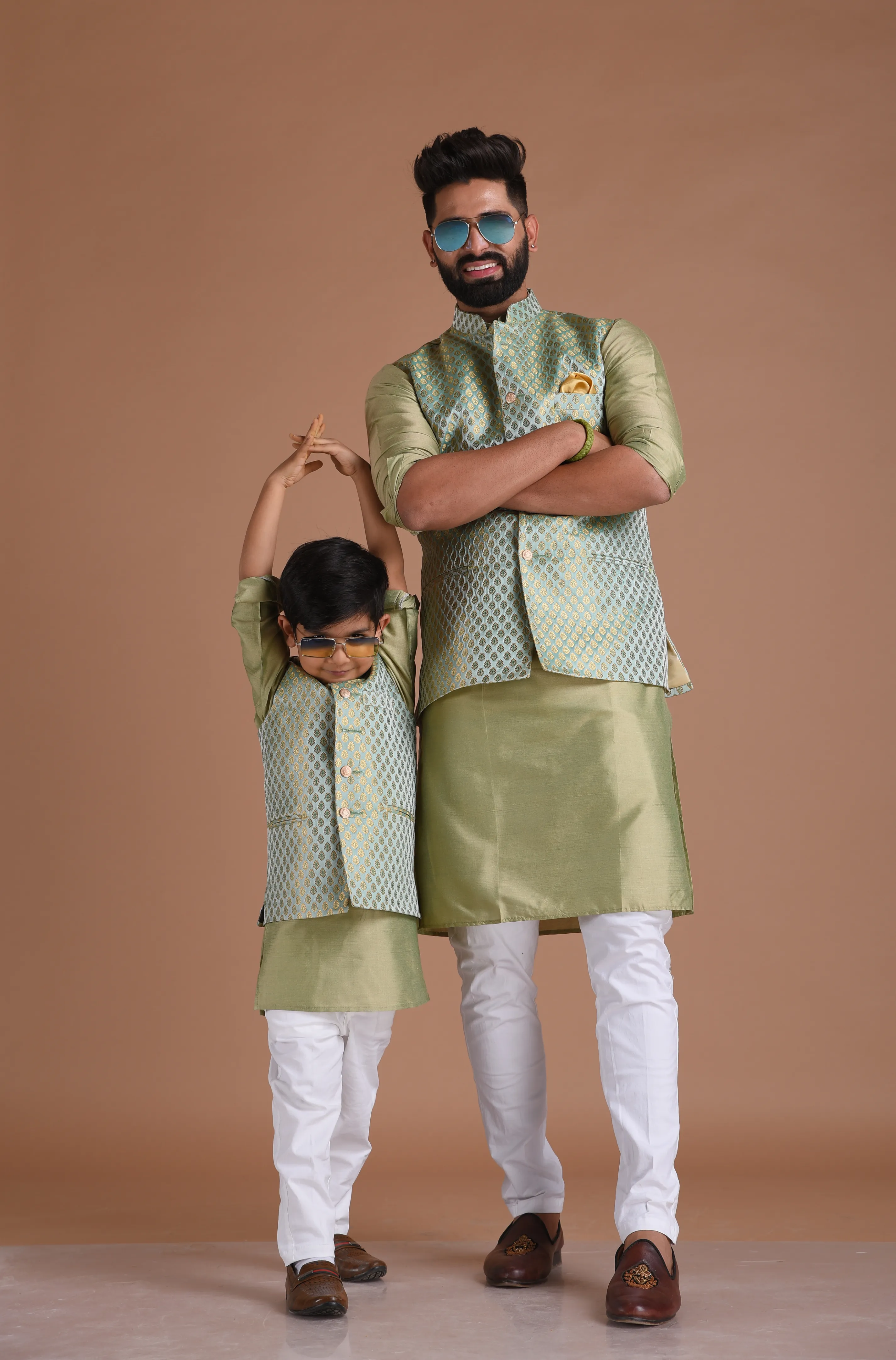 Brocade Silk Kurta Pajama Nehru Jacket Set in Sea Green