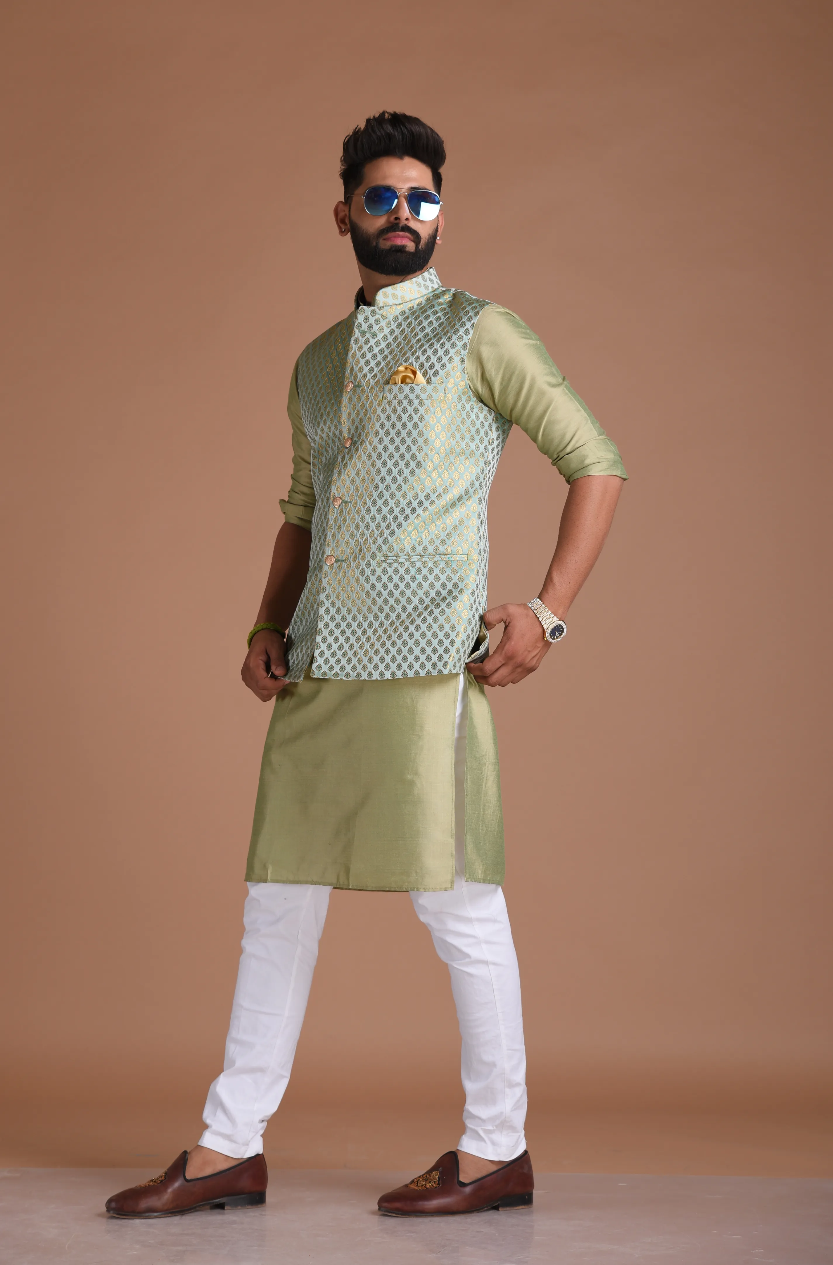 Brocade Silk Kurta Pajama Nehru Jacket Set in Sea Green