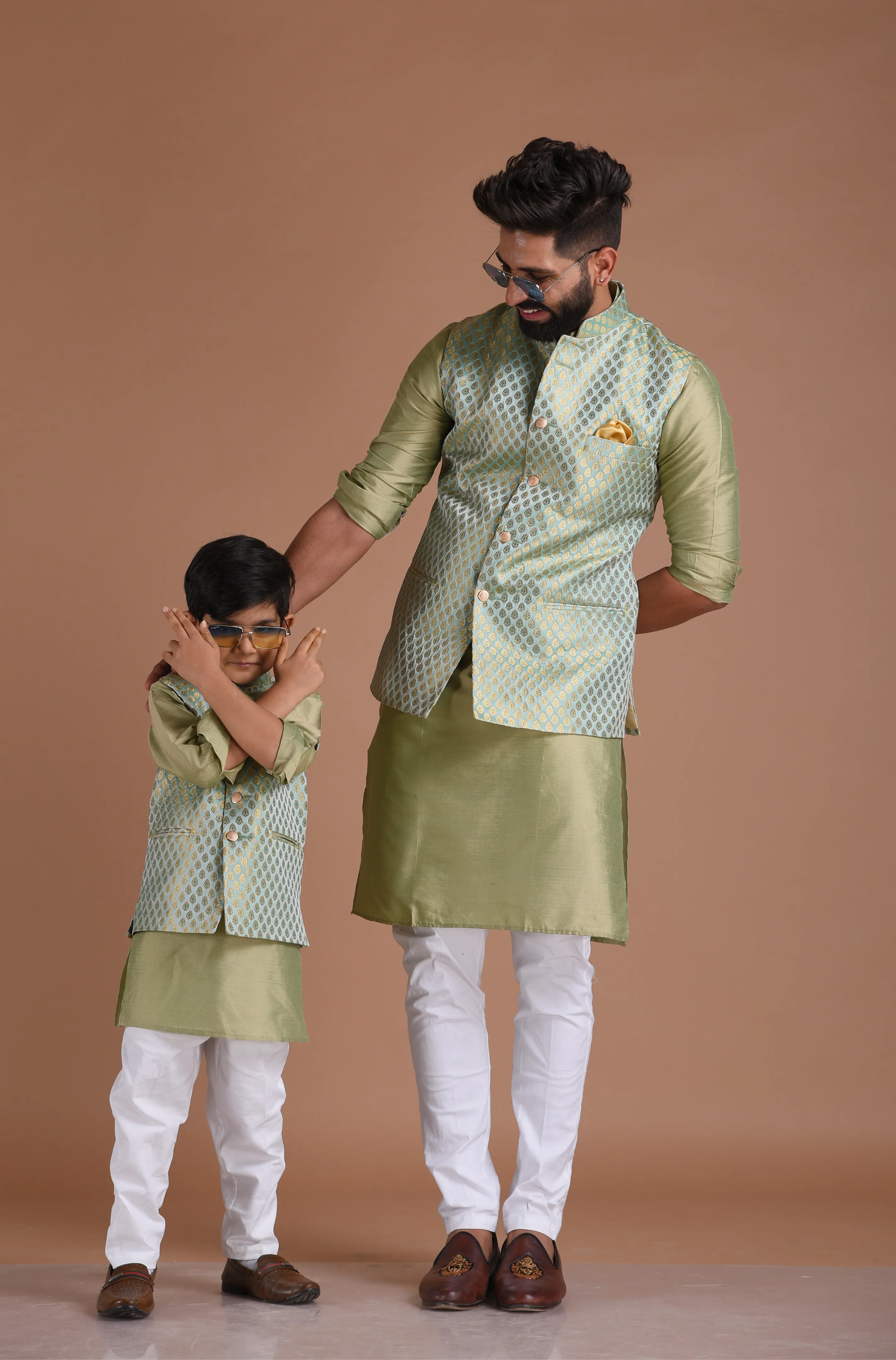 Brocade Silk Kurta Pajama Nehru Jacket Set in Sea Green