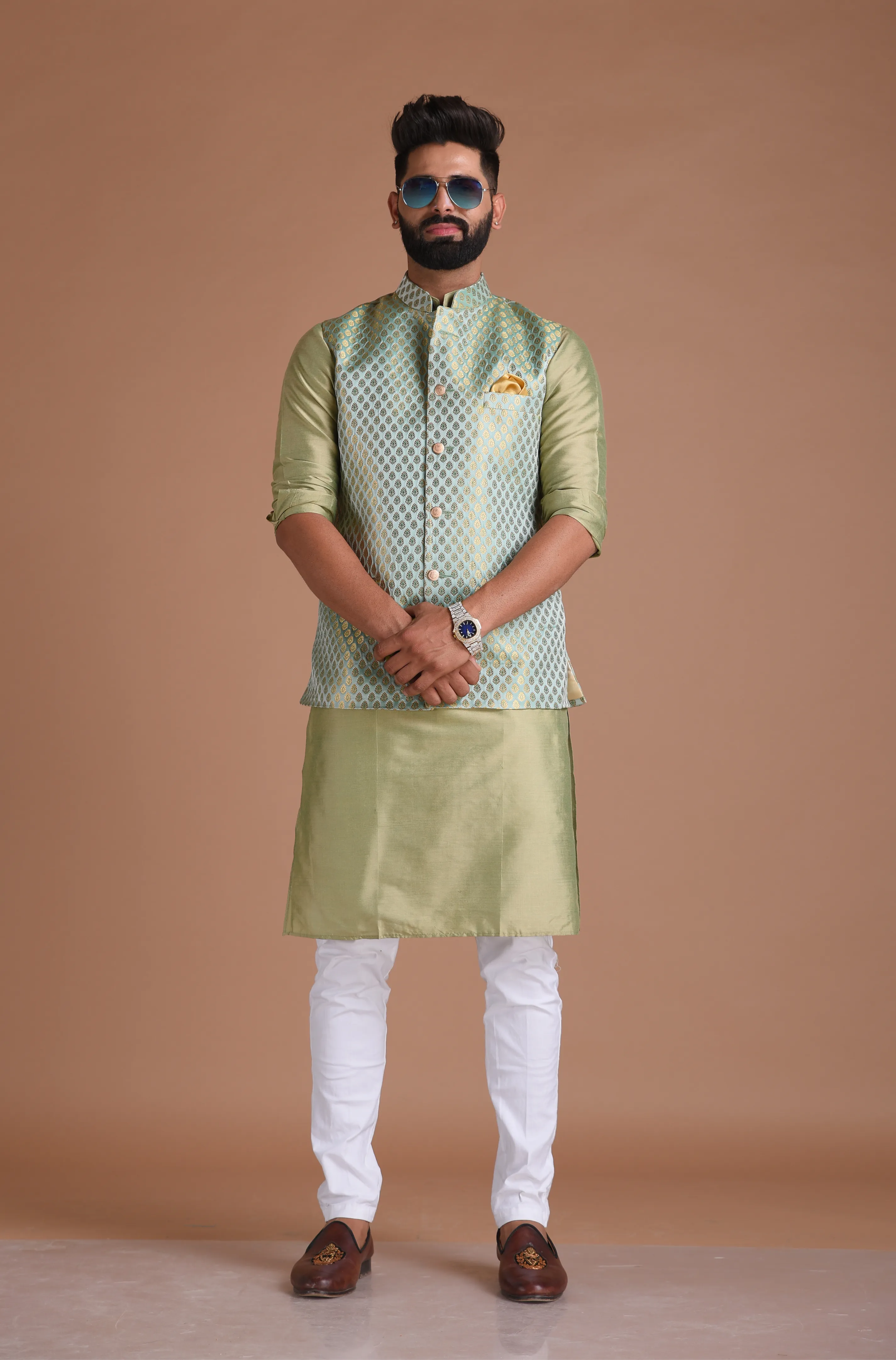 Brocade Silk Kurta Pajama Nehru Jacket Set in Sea Green