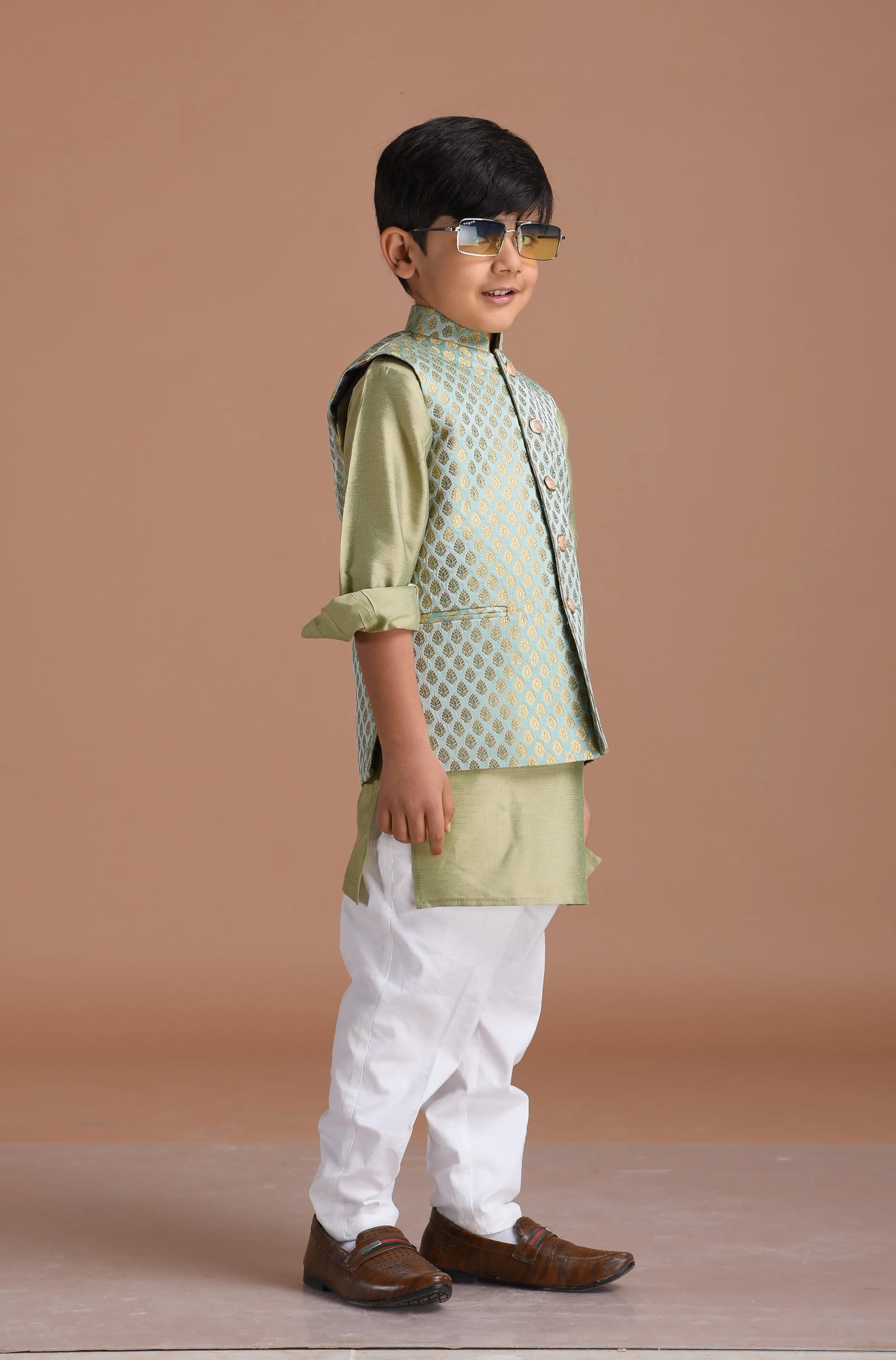 Brocade Silk Kurta Pajama Nehru Jacket Set in Sea Green