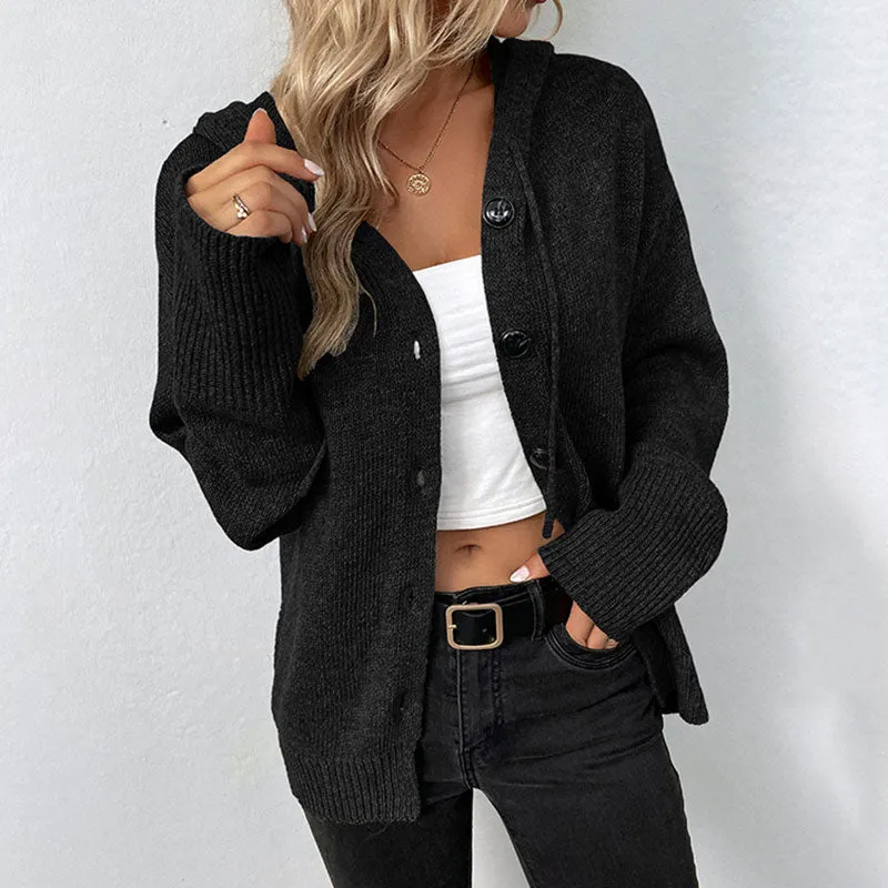 Casual Drawstring Hooded Marled Knit Long Sleeve Button Up Cardigan