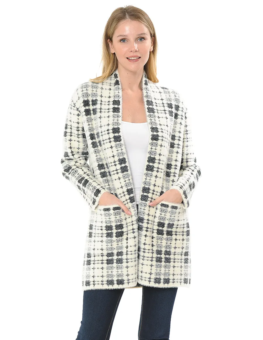 Checkered Fuzzy Cardigan W' Pockets