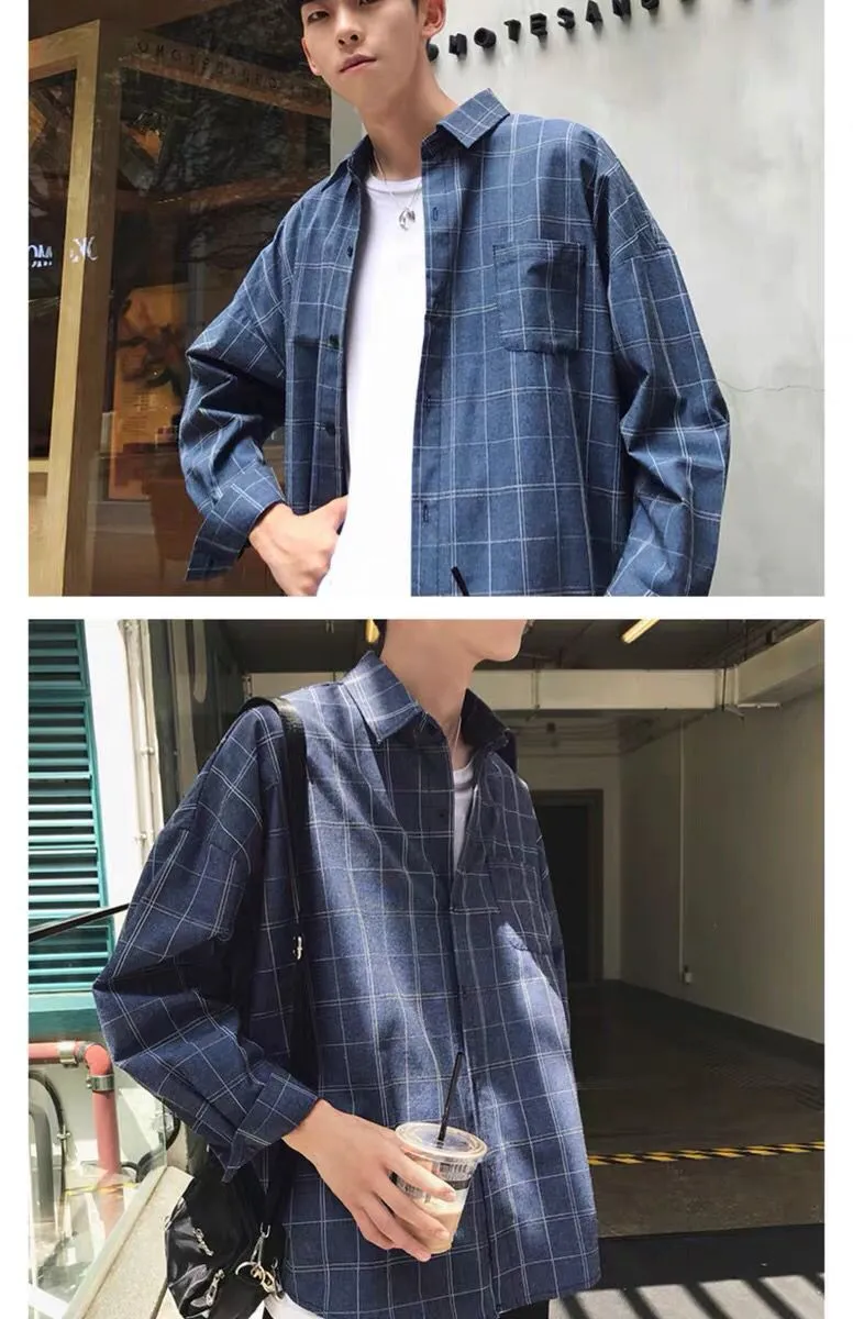 Chequered Shirt Men Long Sleeved Korean Trendy Loose Stylish Casual All-Matching Men Shirt