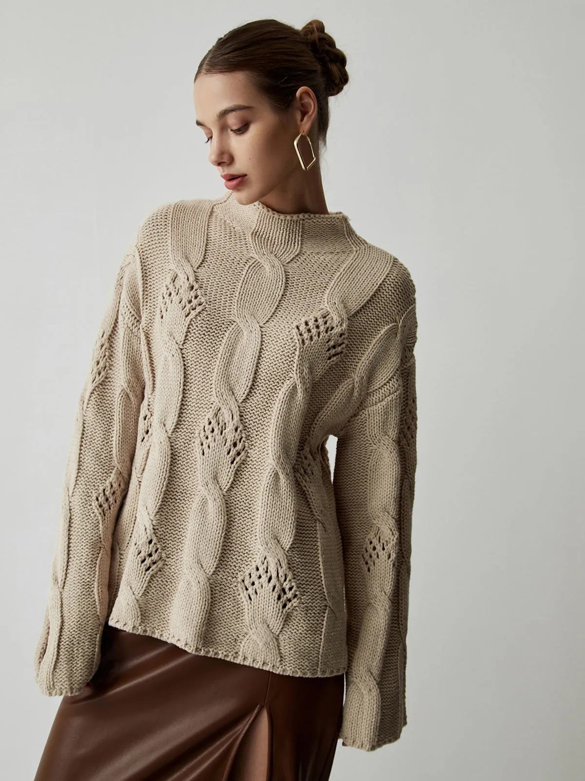 Chunky Cable Knit Trendy Mock Neck Sweater