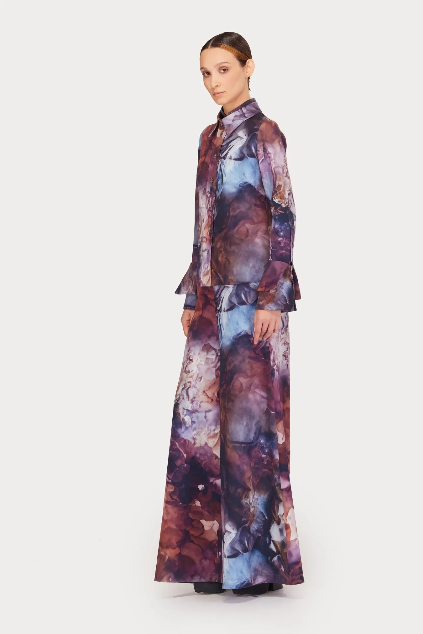 Co-Ord Set - Shirt And Wide-Leg Pants Abstract Print Brown