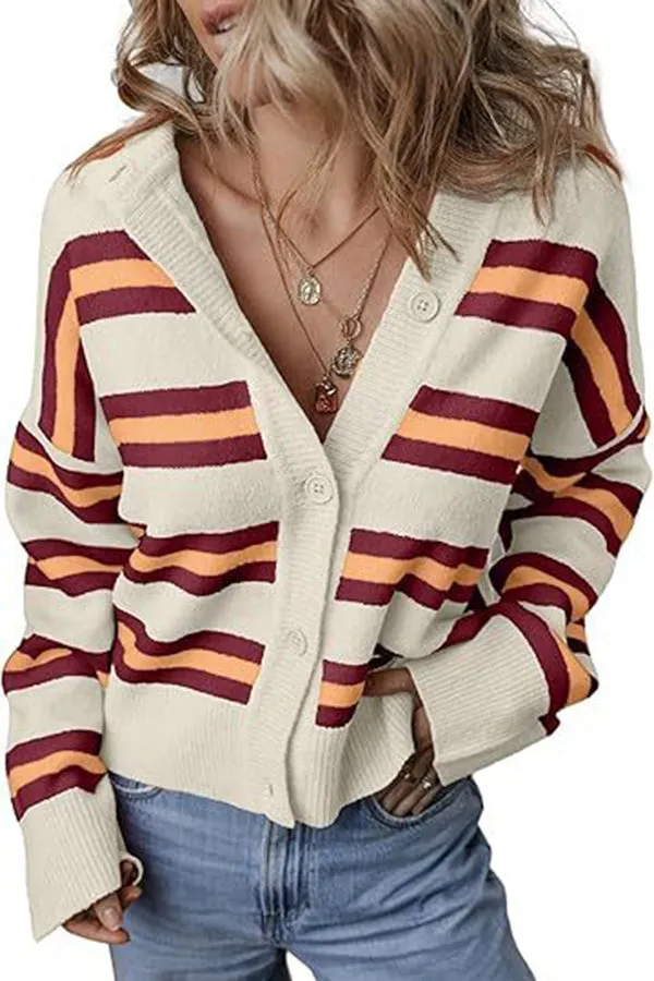 Colorblock Striped Knitted Long-sleeve Cardigan