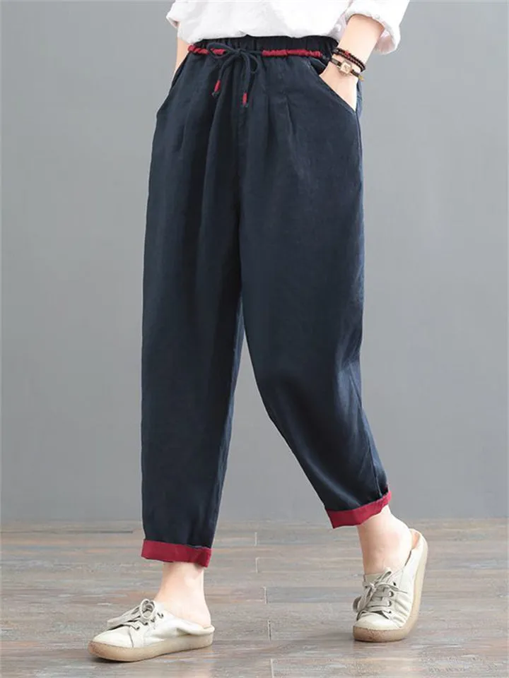 Comfortable Cotton Linen Drawstring Simple Tapered Pants for Women