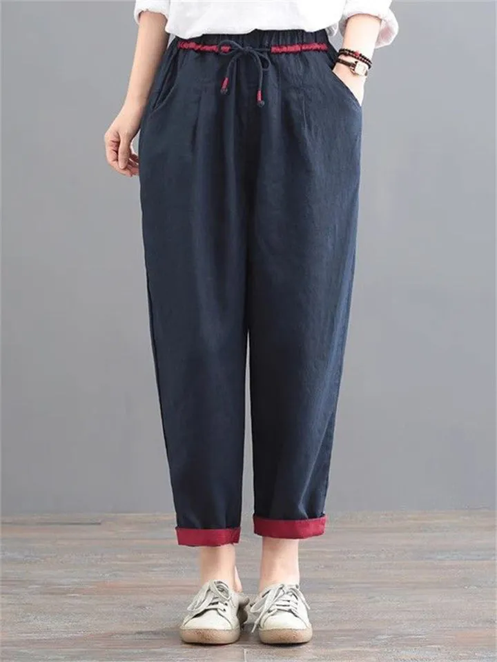 Comfortable Cotton Linen Drawstring Simple Tapered Pants for Women