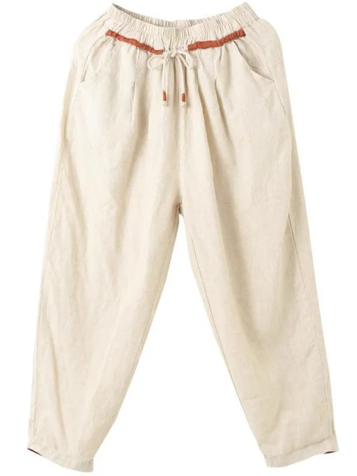 Comfortable Cotton Linen Drawstring Simple Tapered Pants for Women