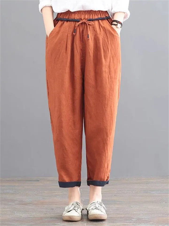 Comfortable Cotton Linen Drawstring Simple Tapered Pants for Women