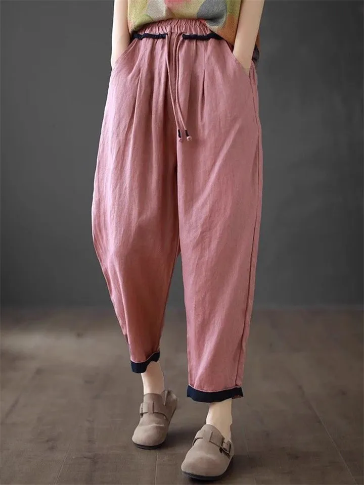 Comfortable Cotton Linen Drawstring Simple Tapered Pants for Women