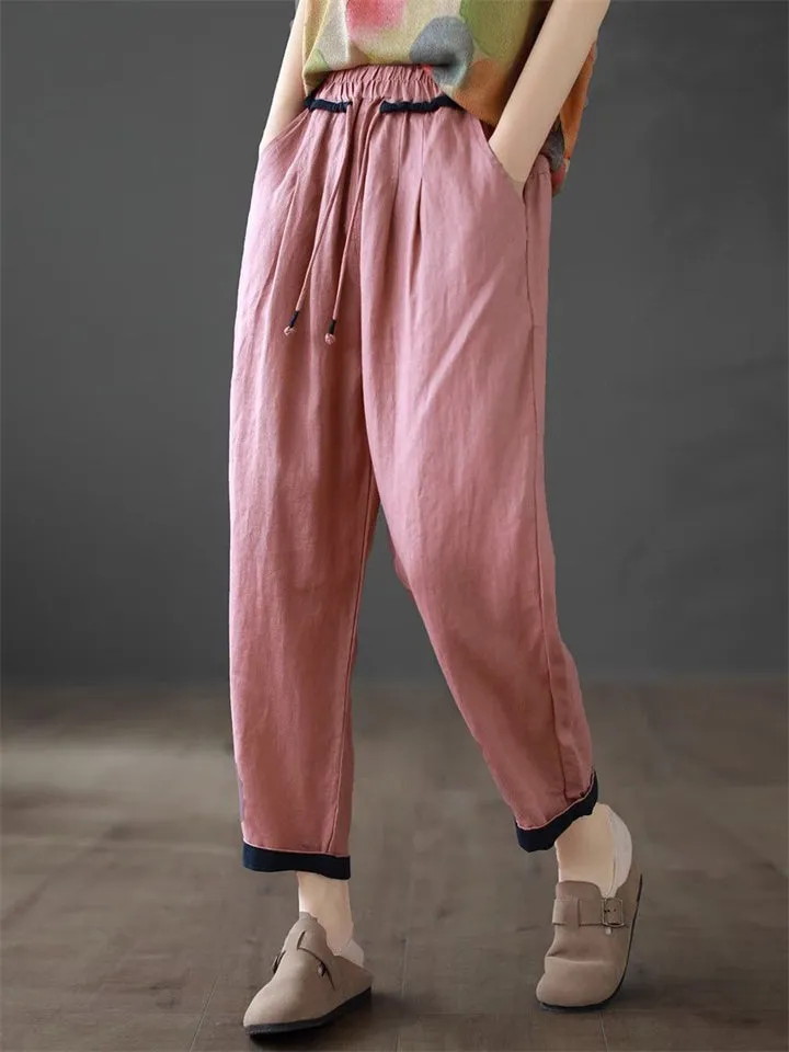 Comfortable Cotton Linen Drawstring Simple Tapered Pants for Women