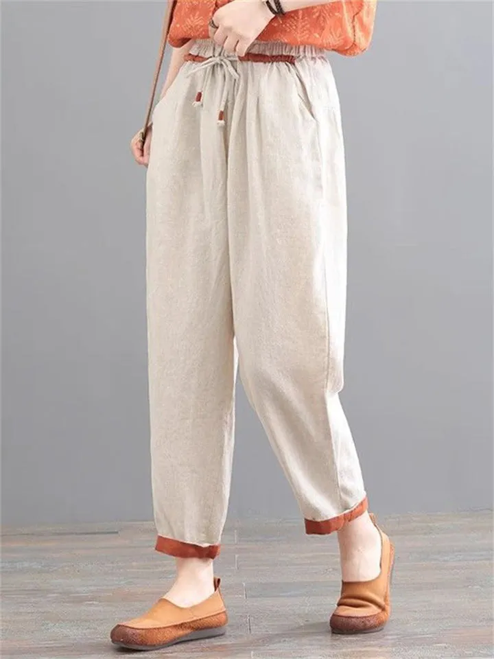 Comfortable Cotton Linen Drawstring Simple Tapered Pants for Women