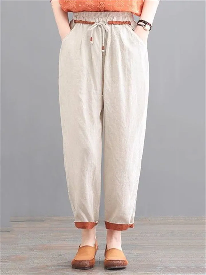 Comfortable Cotton Linen Drawstring Simple Tapered Pants for Women