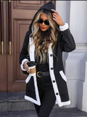 Contrast Button Up Hooded Coat