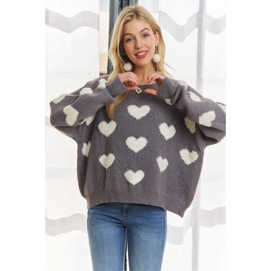 Cropped Button Down Sweater Cardigan Boho Floral Heart Patte grey/white